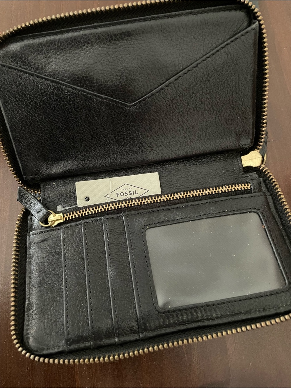 Fossil Black Leather Zip Wallet with Gold Hardware